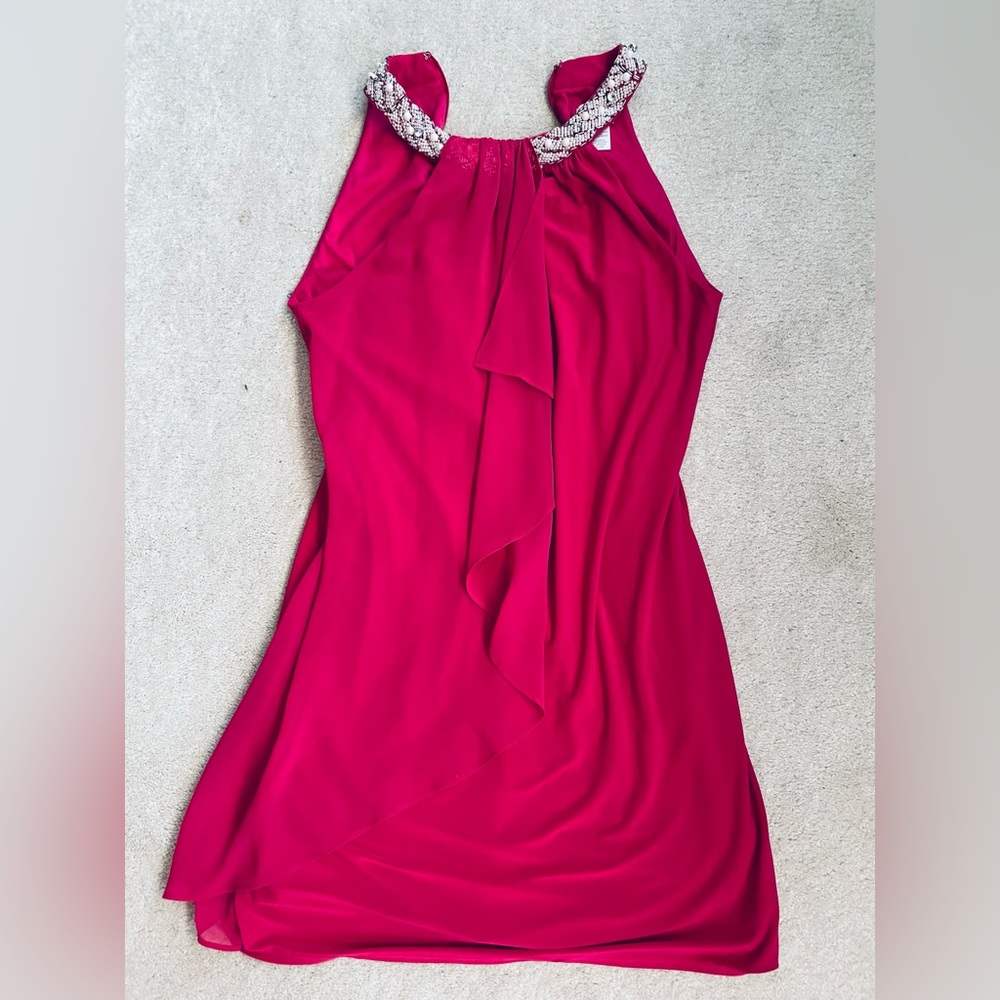 Cache fitted Magenta dress, halter neck with jeweled neckline, size 8
